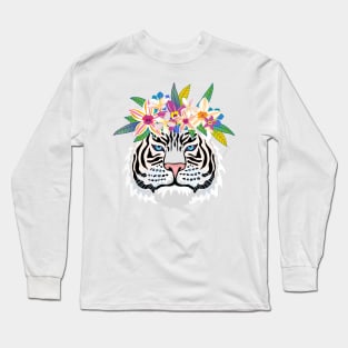 White Tiger with Exotic Flowers Long Sleeve T-Shirt